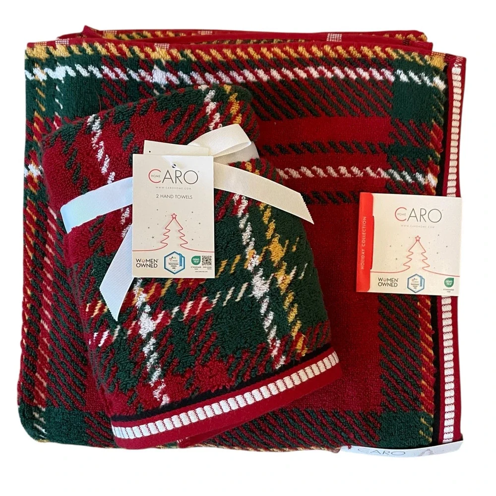 4pc Caro Home Holiday RED TARTAN Cotton 2 Bath 2 Hand Towel Set Christmas NEW